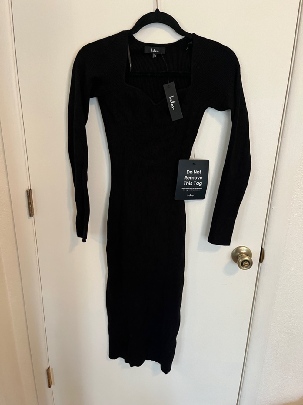 Lulu's Black Ribbed Square-Neck Long Sleeve Midi Dress